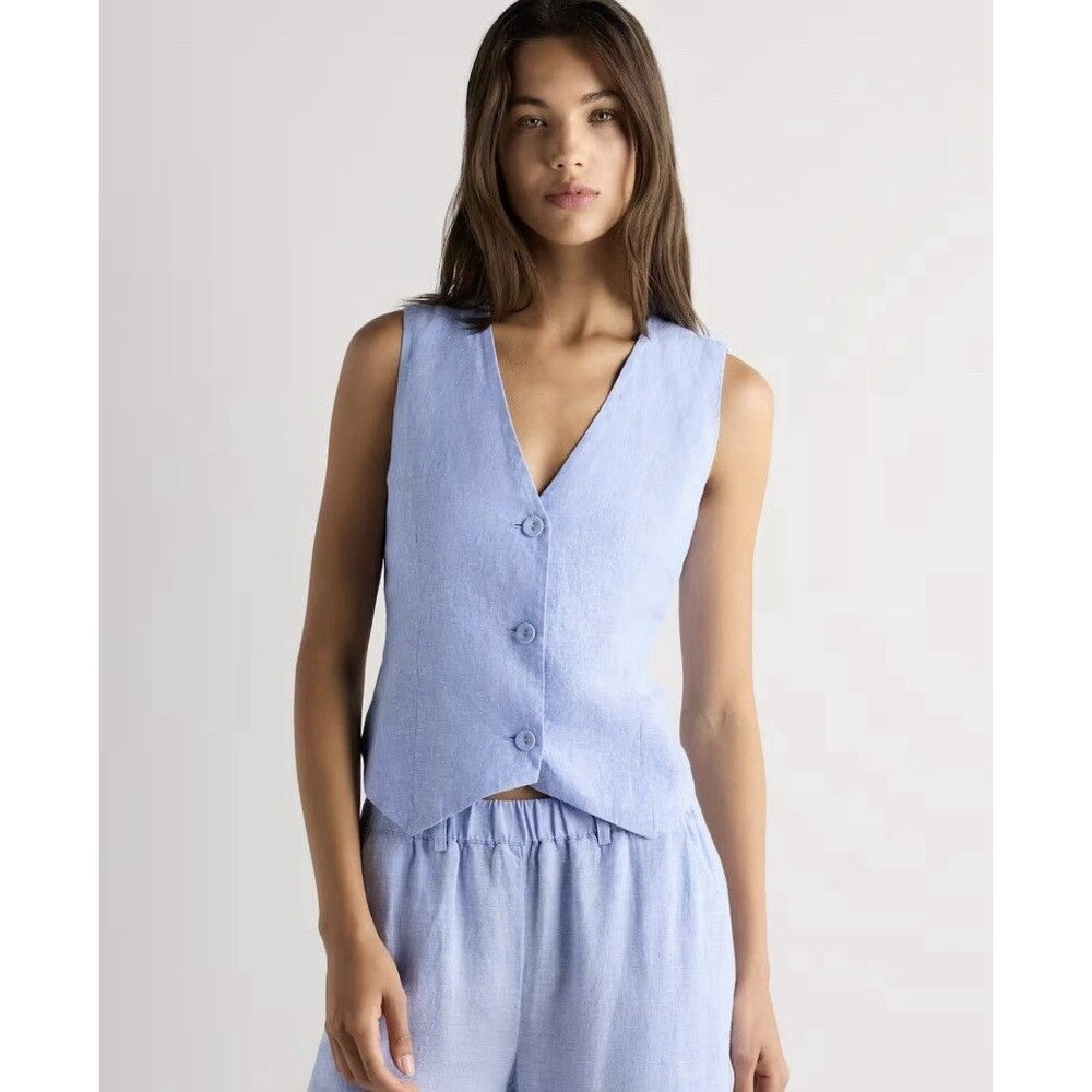 Quince 100% European Linen Vest Size Large French Blue Button Front